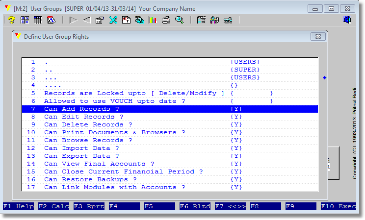 A select, enter and change value dialog will appear containing all the properties of this user group. Press <Enter> on any option, a field to enter some value or a list of choices will be presented. A select, enter and change value dialog will appear containing all the properties of this user group. Press <Enter> on any option, a field to enter some value or a list of choices will be presented.